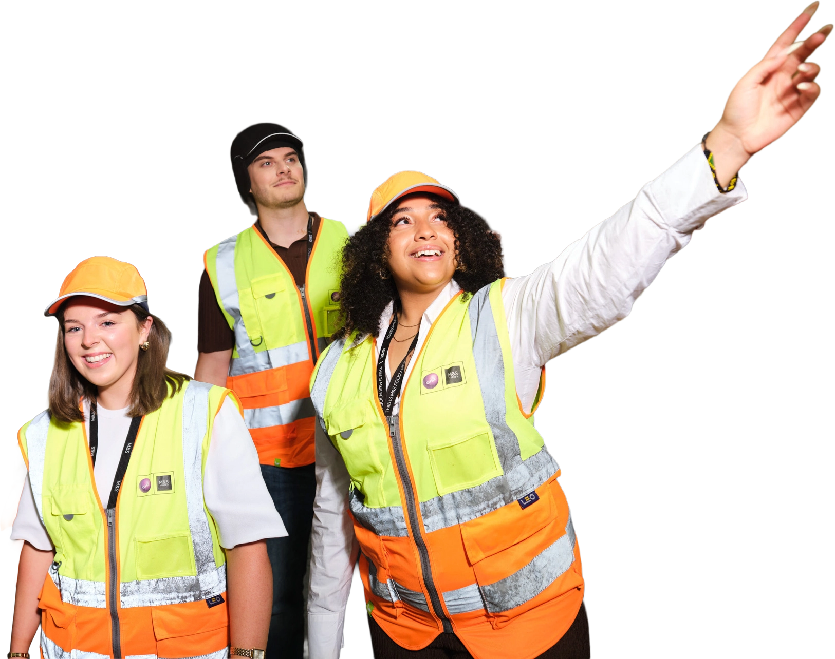 Three apprentices wearing high-visibility workwear, looking towards the future